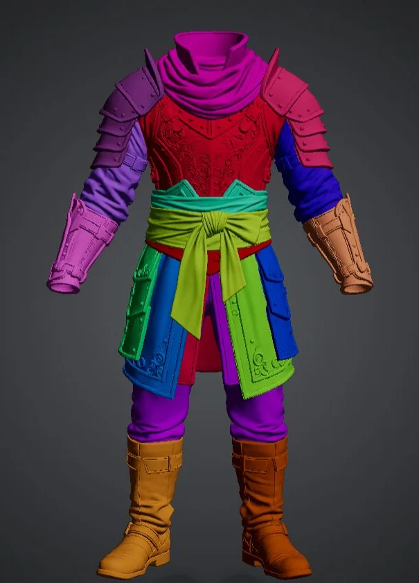 The same armor after quick-seal part completion, colors reassigned, the cut edges closed.