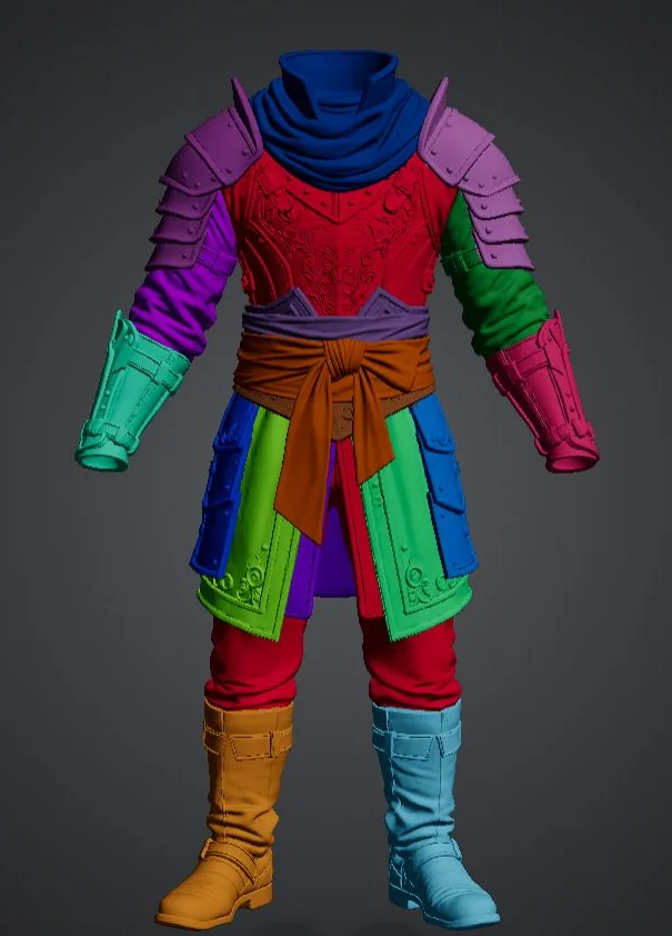 The demo armor after segmentation, with each detected part in a different flat color: scarf, breastplate, pauldrons, bracers, sash, tassets, trousers and boots.