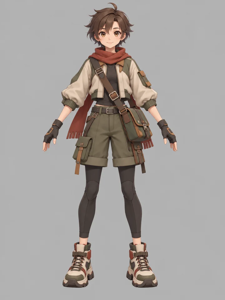 The original courier drawing: a young courier in a bomber jacket, red scarf, satchel and cargo shorts, standing in an A-pose on a gray background.