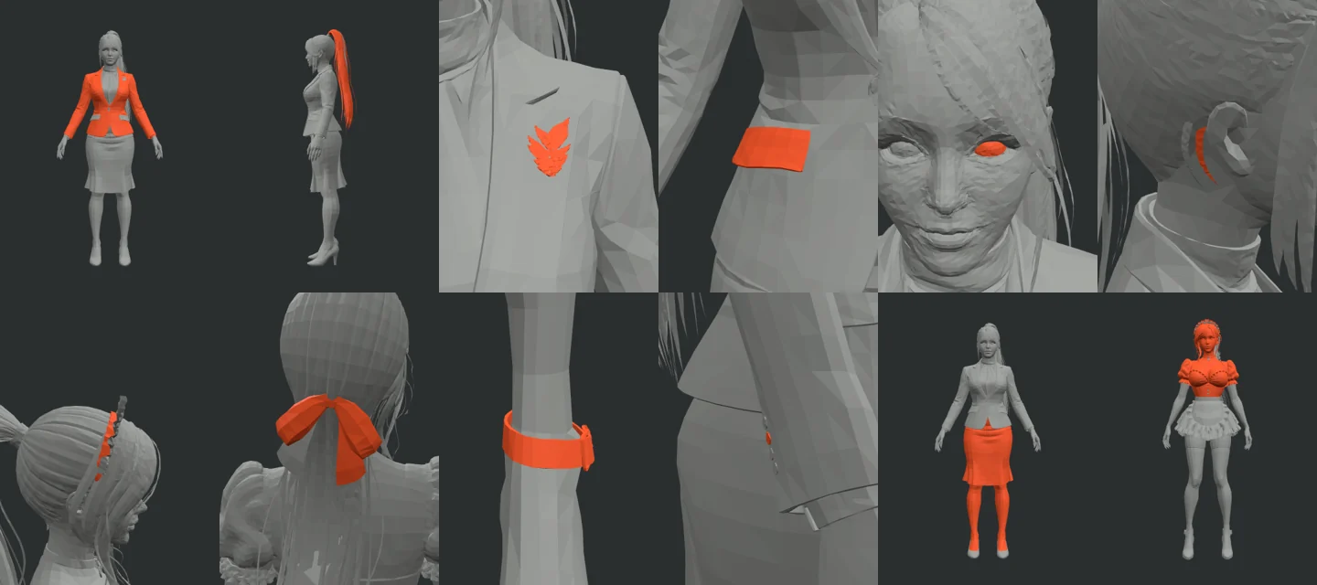 Twelve renders of single P2 pieces highlighted in vermilion on a gray model: a jacket, a ponytail, a lapel brooch, a pocket flap, an eye, an ear piece, a headdress, a hair ribbon, an ankle strap, a 43-triangle sleeve button, a skirt fused with both legs, and a head fused with the torso and bodice.