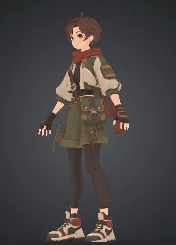 The P2 route result: a low-poly textured courier that keeps the face, scarf and satchel readable.