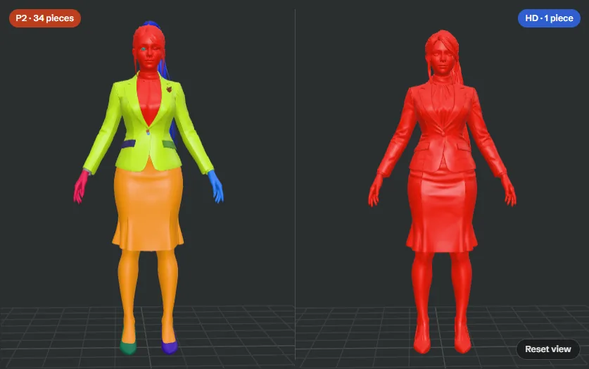 The office-outfit character as P2 (left, many colored pieces) and HD (right, one solid piece).